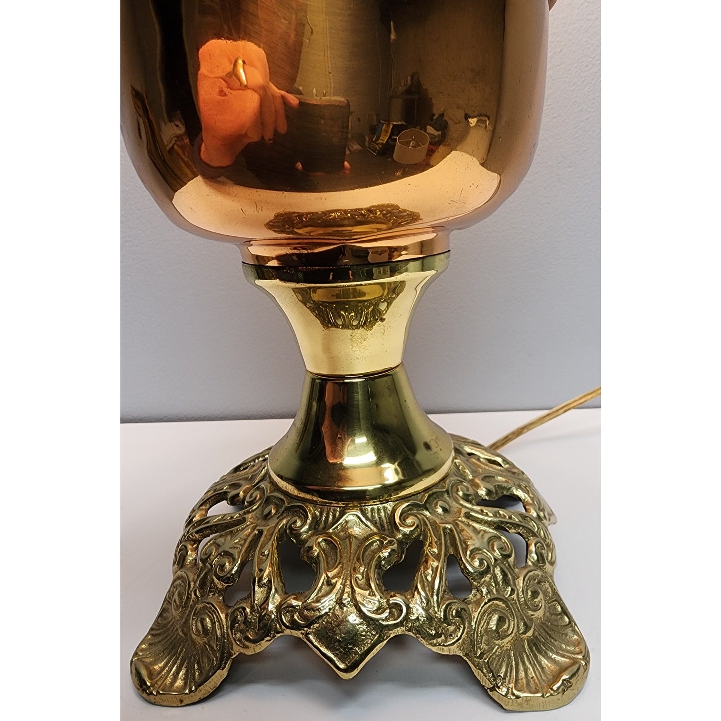 Vintage Brass Copper Gold Tone Table Lamp w/ Tassel Shade 20" Works - Beautiful!