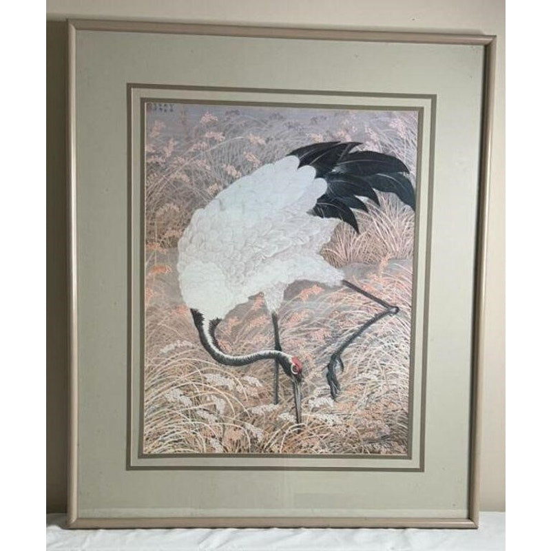 Vintage Japanese Crane Artwork Framed & Matted 33x39" Rice Field Scene