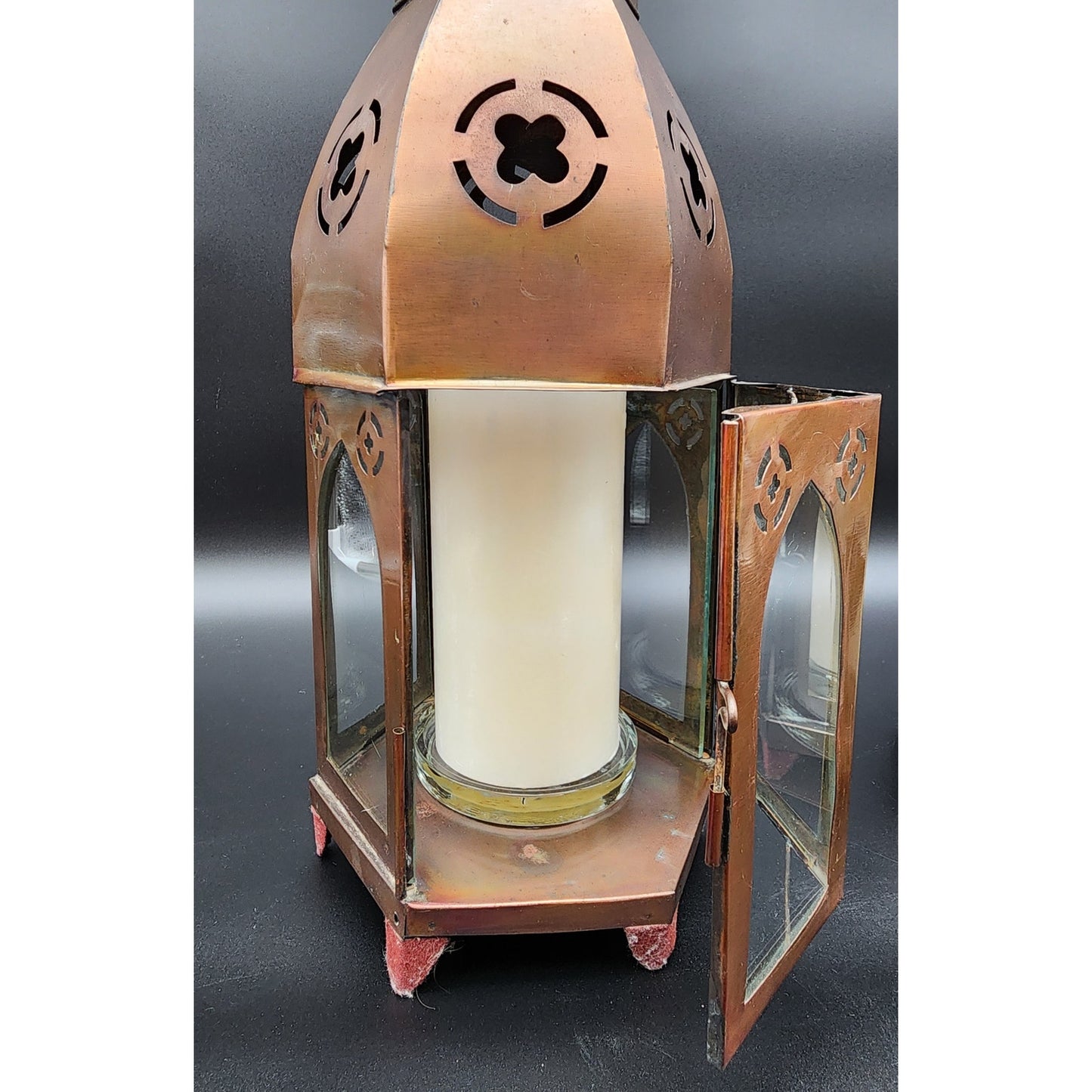 Pair Bronze Hexagon Metal Candle Lanterns w/ Glass Panels & Candles 18.5"
