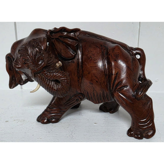Vintage Hand‑Carved Mahogany Elephant Figurine 6" Wide Solid Wood Sculpture Nice
