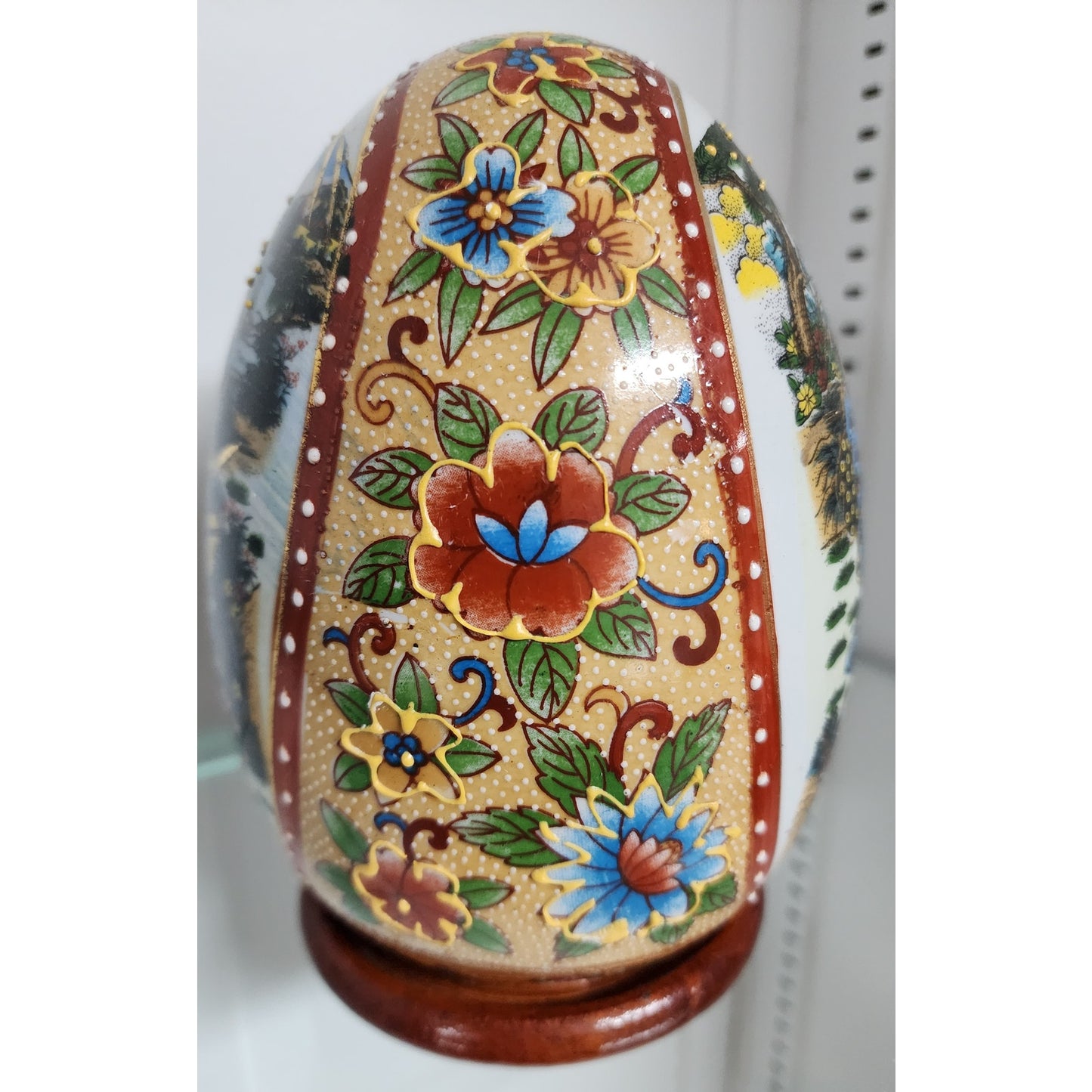 Japanese Porcelain Egg w/ Geisha Garden Scene Gold Gilt Raised Relief -Wood Base