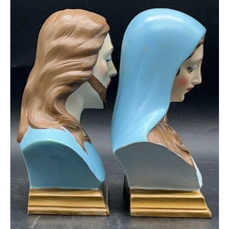 VTG Holland Mold Jesus & Mary Hand-Painted Ceramic Busts 5×3.75×7″