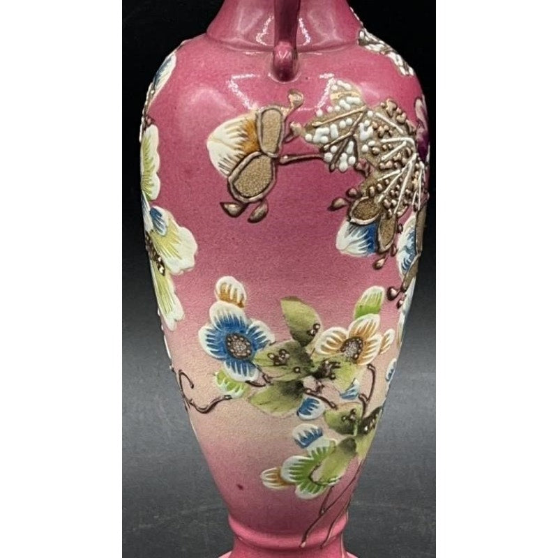 Victorian Pink Pottery Vase 9.5" – Embossed Floral, Handles, Repaired Chip