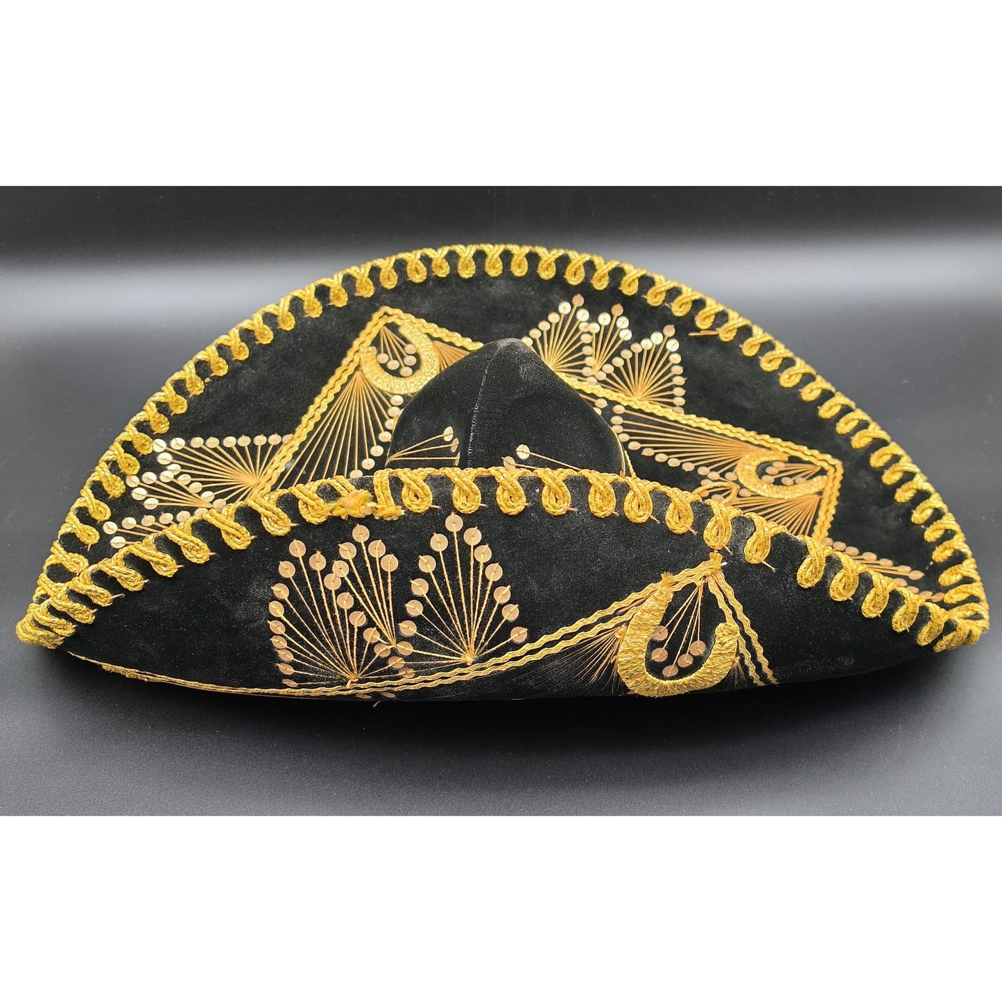Authentic Vintage Mexican Sombrero Black Felt Gold Emb Sequin Detail 24x18x7.25