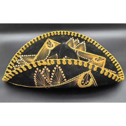 Authentic Vintage Mexican Sombrero Black Felt Gold Emb Sequin Detail 24x18x7.25