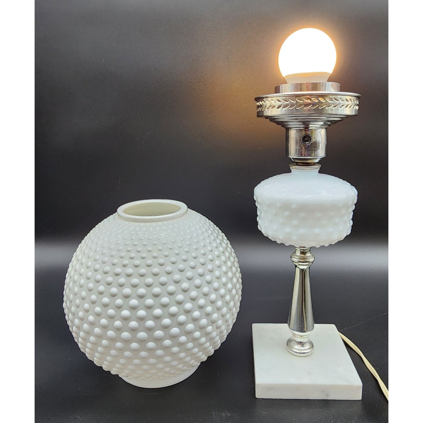 Vintage Hobnail Milk Glass Parlor Lamp Marble Base 20" Working LED Bulb