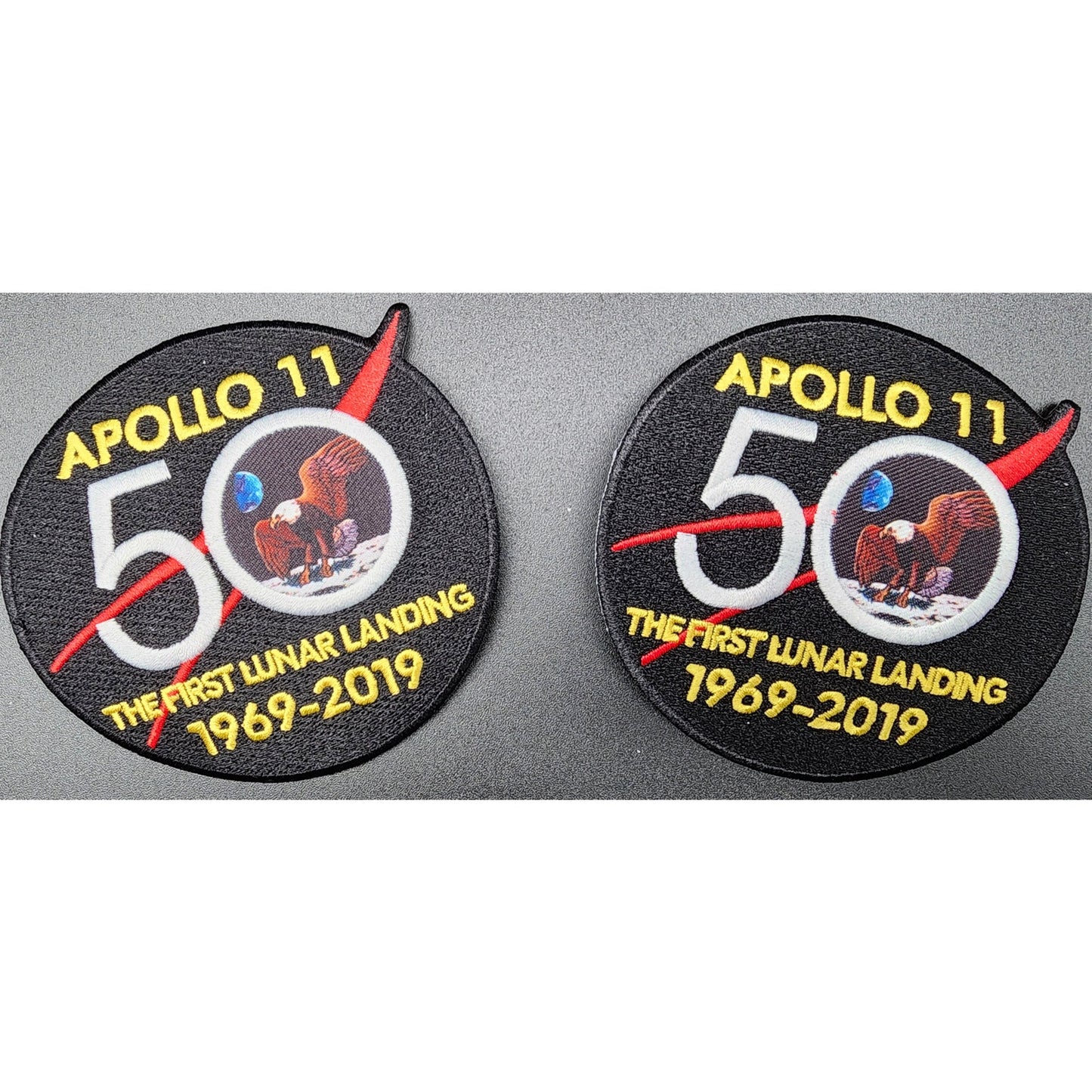 Apollo 11 50th Anniversary 5oz, 1oz + Half Dollar Proof Sets with OGP & CoAs with 1967 Newsweek, Man on the Moon Stamps, 50th Anniversary Embroidered Patches