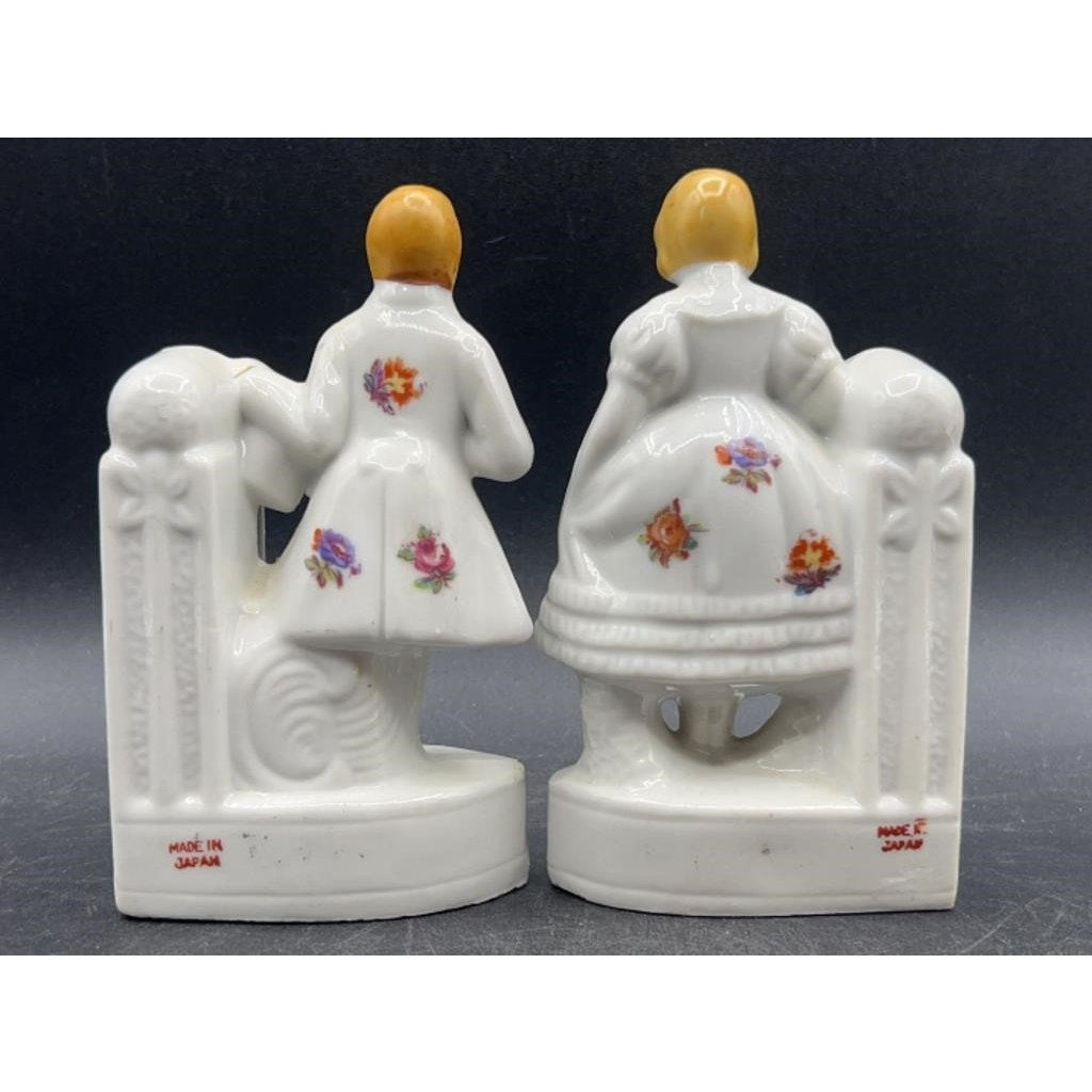 VTG Japanese Porcelain Colonial Man & Woman Bookends Hand-painted; 22K Gold Accent 5.25"
