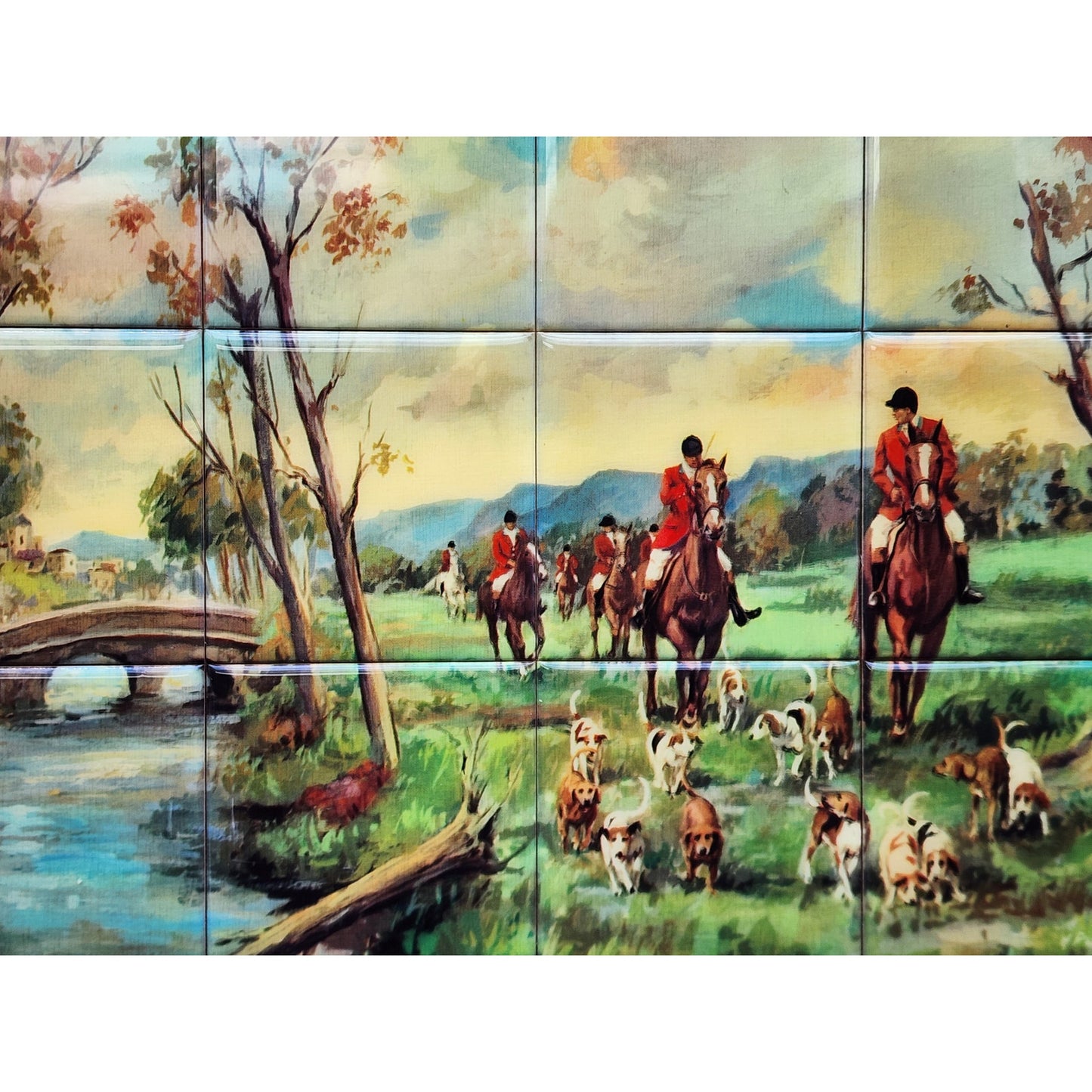 Vintage J. Pifarré “Hunt in the Park” 12‑Tile Mosaic in Wood Frame 14.25x11.75