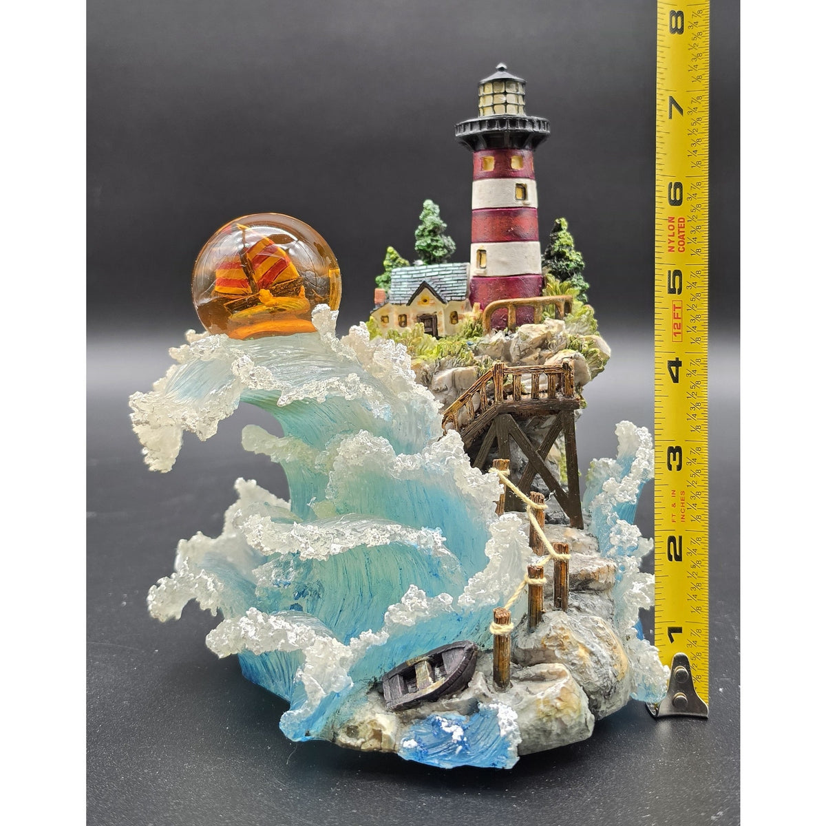 Vintage Light Up Musical Lighthouse Ocean Figurine Ship in Globe Lighted Statue