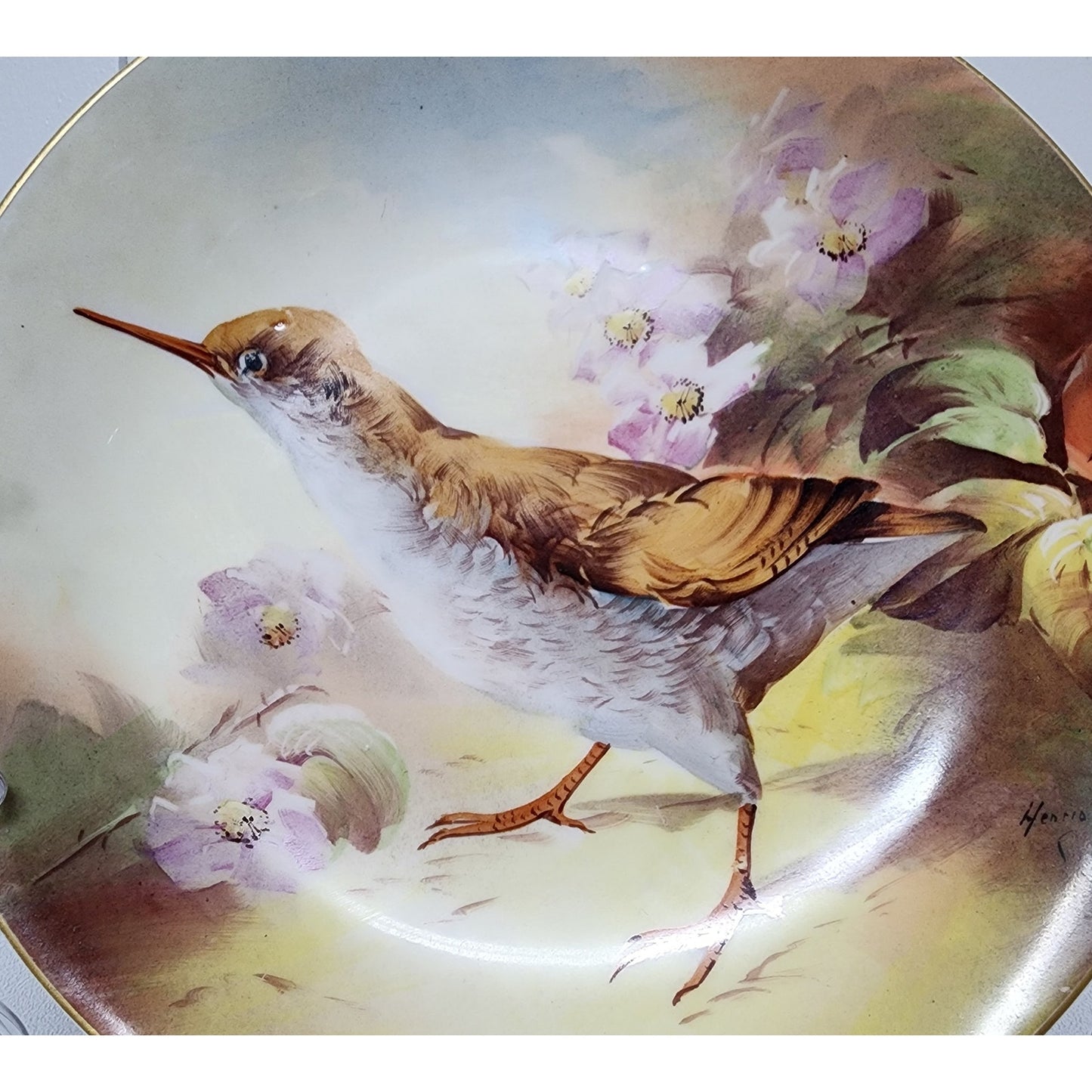 Henriot Signed Limoges France Bird Plate Hand Painted Gold Rim Violets 9.75" VTG