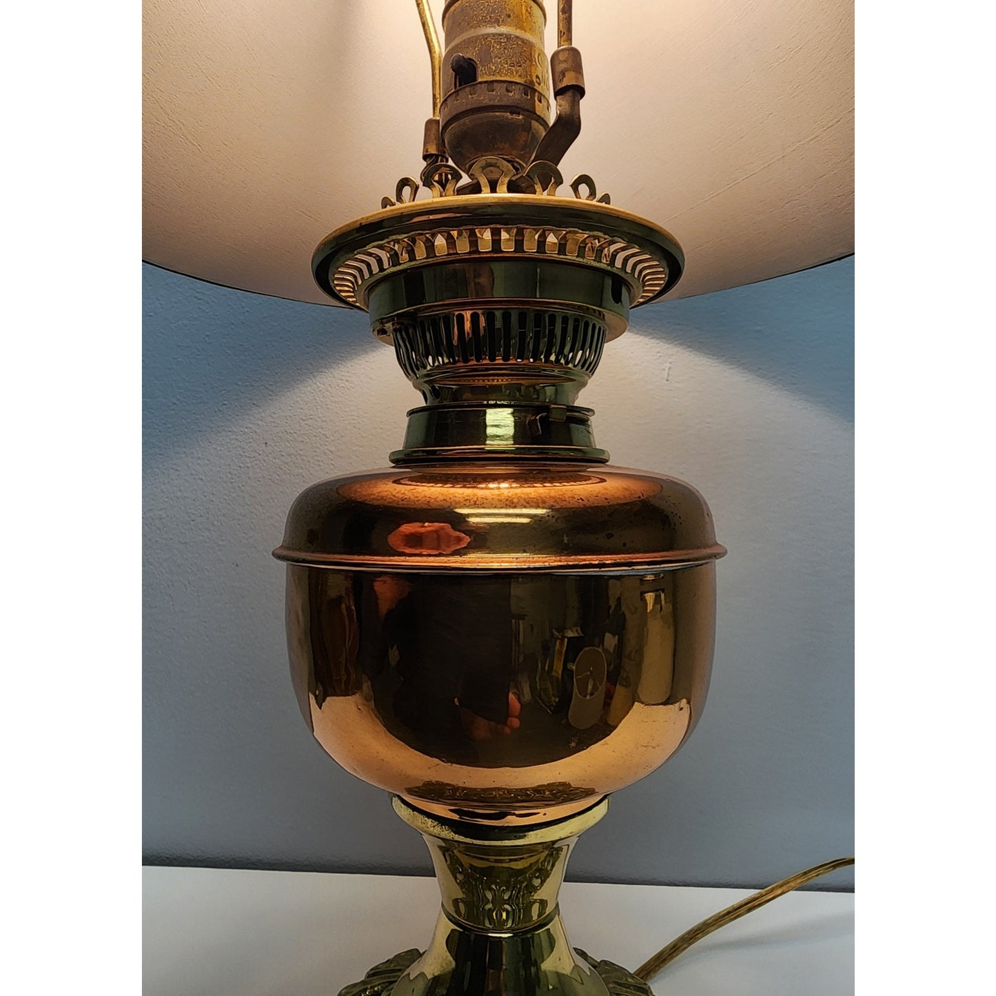 Vintage Brass Copper Gold Tone Table Lamp w/ Tassel Shade 20" Works - Beautiful!