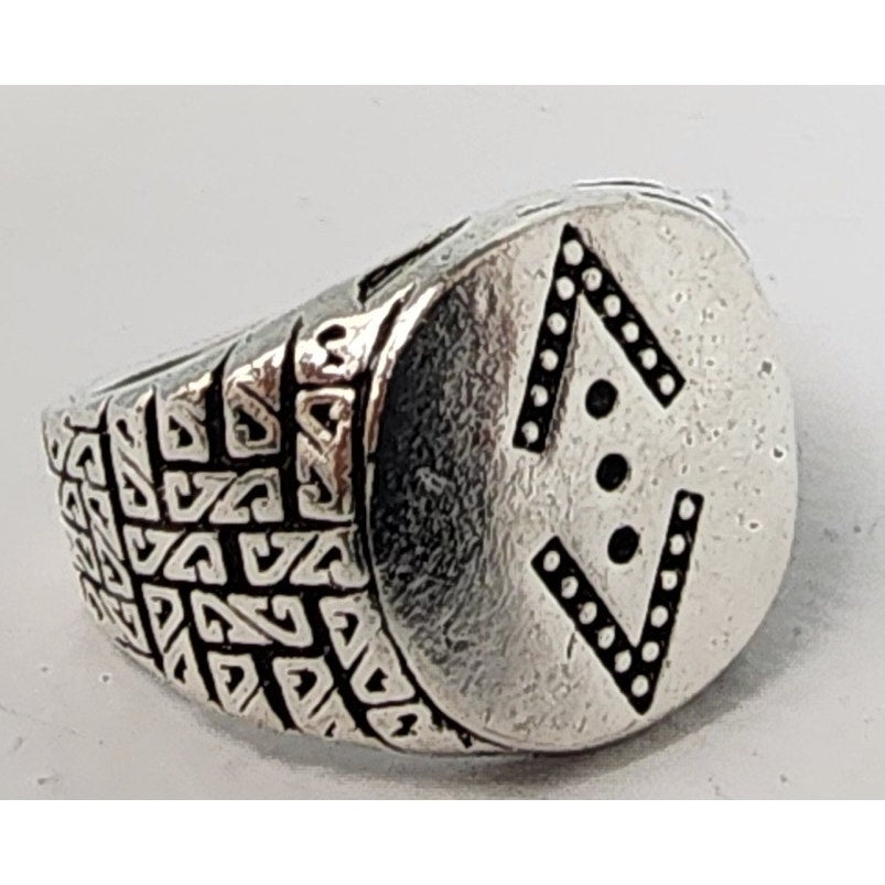 Silver Tone Geometric Ring Size 10.5 with Black Symbolic Design