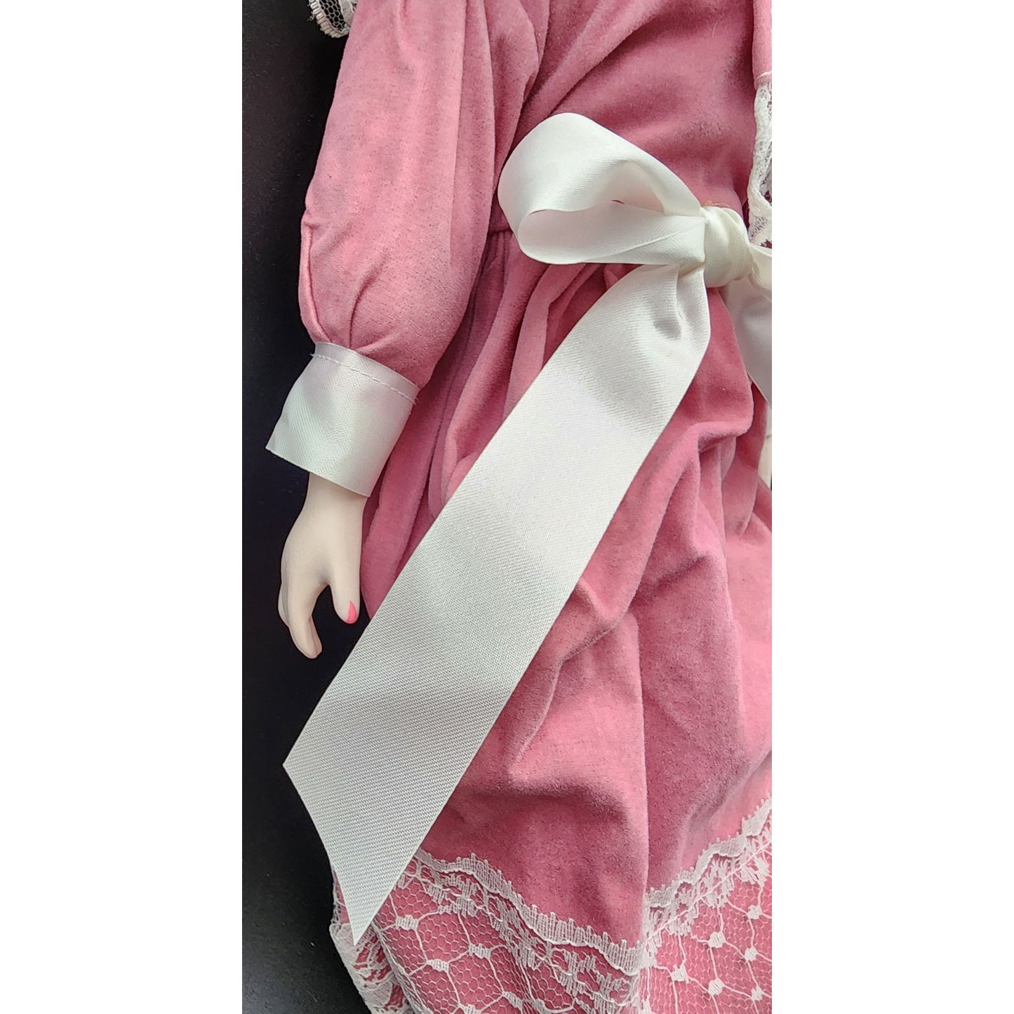 Vintage 16" Porcelain Doll “Tracy” TH‑64 Pink Velvet Dress w/ Bonnet & Box