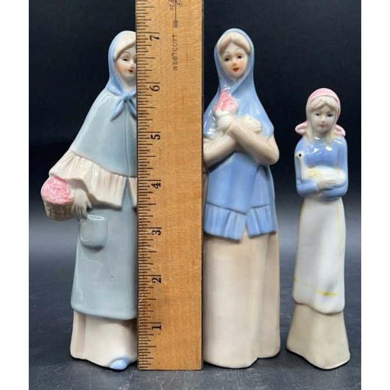 3 VTG Frankel Porcelain Lady Figurines Old Lady, Blue Scarf, & Duck Holder