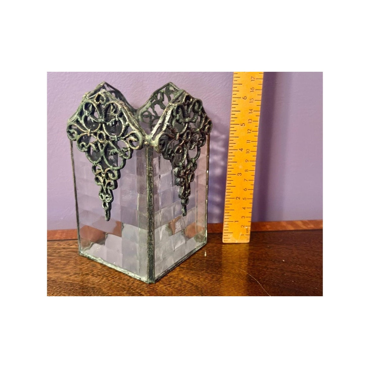 Vintage Brass & Textured Glass Votive Candle Holder w/ Mirrored Base – 6.5" Tall