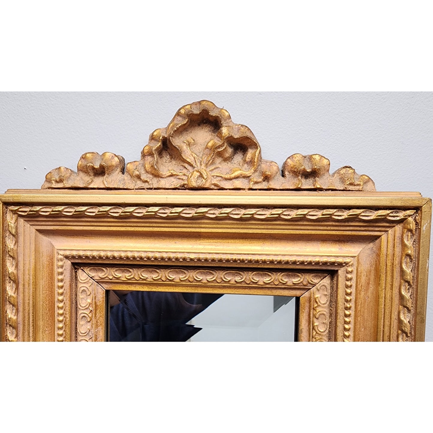 Vintage Beveled Glass Mirror – Ornate Gold Wood Frame, 44” Tall Elegant Design