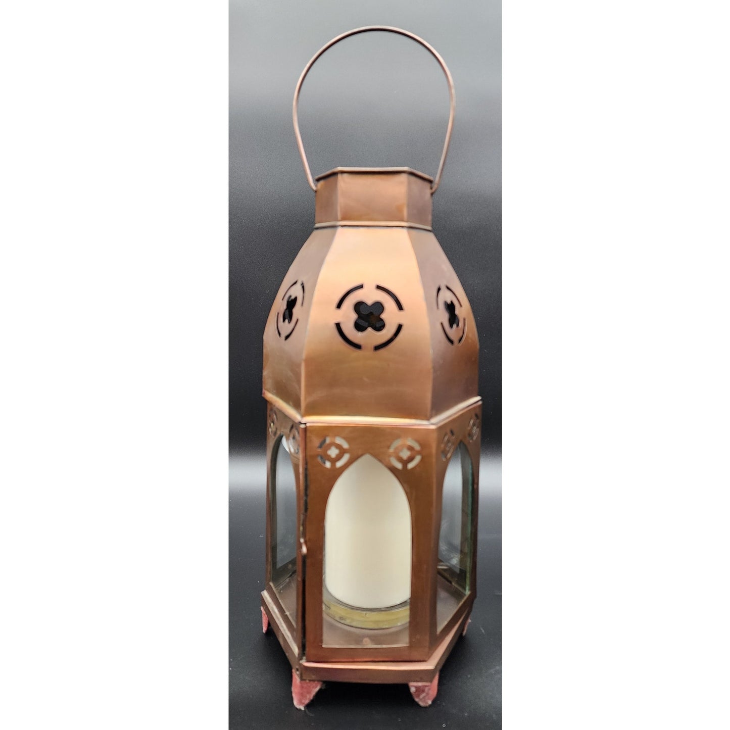 Pair Bronze Hexagon Metal Candle Lanterns w/ Glass Panels & Candles 18.5"