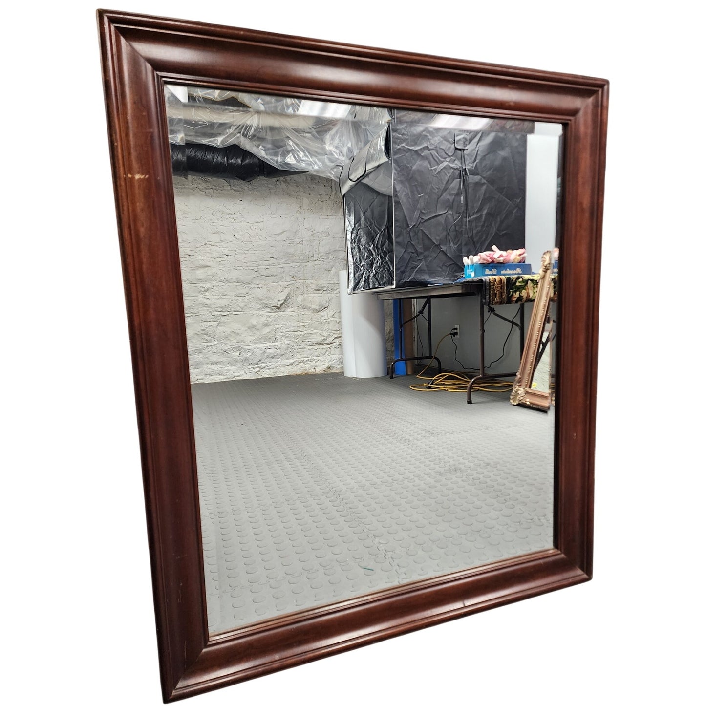 1994 Large Beveled Glass Mirror w/ Solid Wood Frame 33x39 Vintage