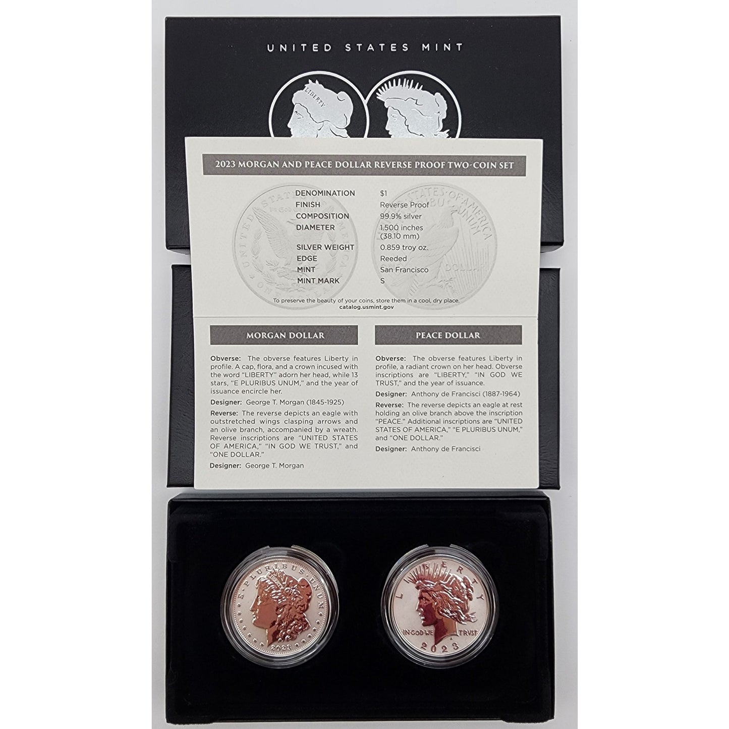 2023 Reverse Proof Morgan & Peace Silver Dollar 2-Coin Set US Mint Boxing + CoA
