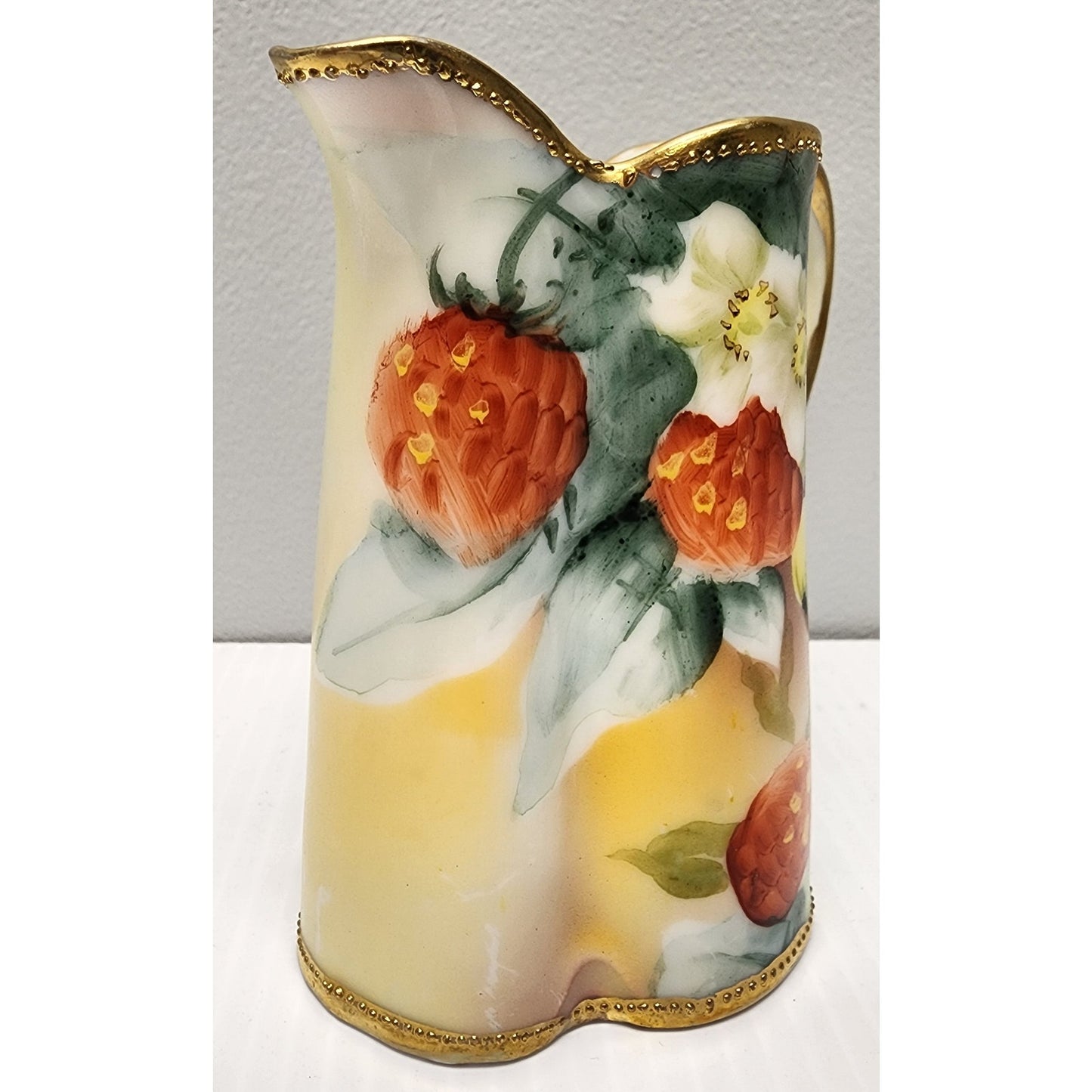 Antique Nippon Hand Painted Pitcher Gold Trim Leaf Mark Japan 4" Floral Berry