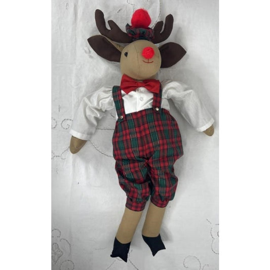 Vintage 30" Stuffed Reindeer Doll Plaid Outfit Red Nose Retro Christmas Decor