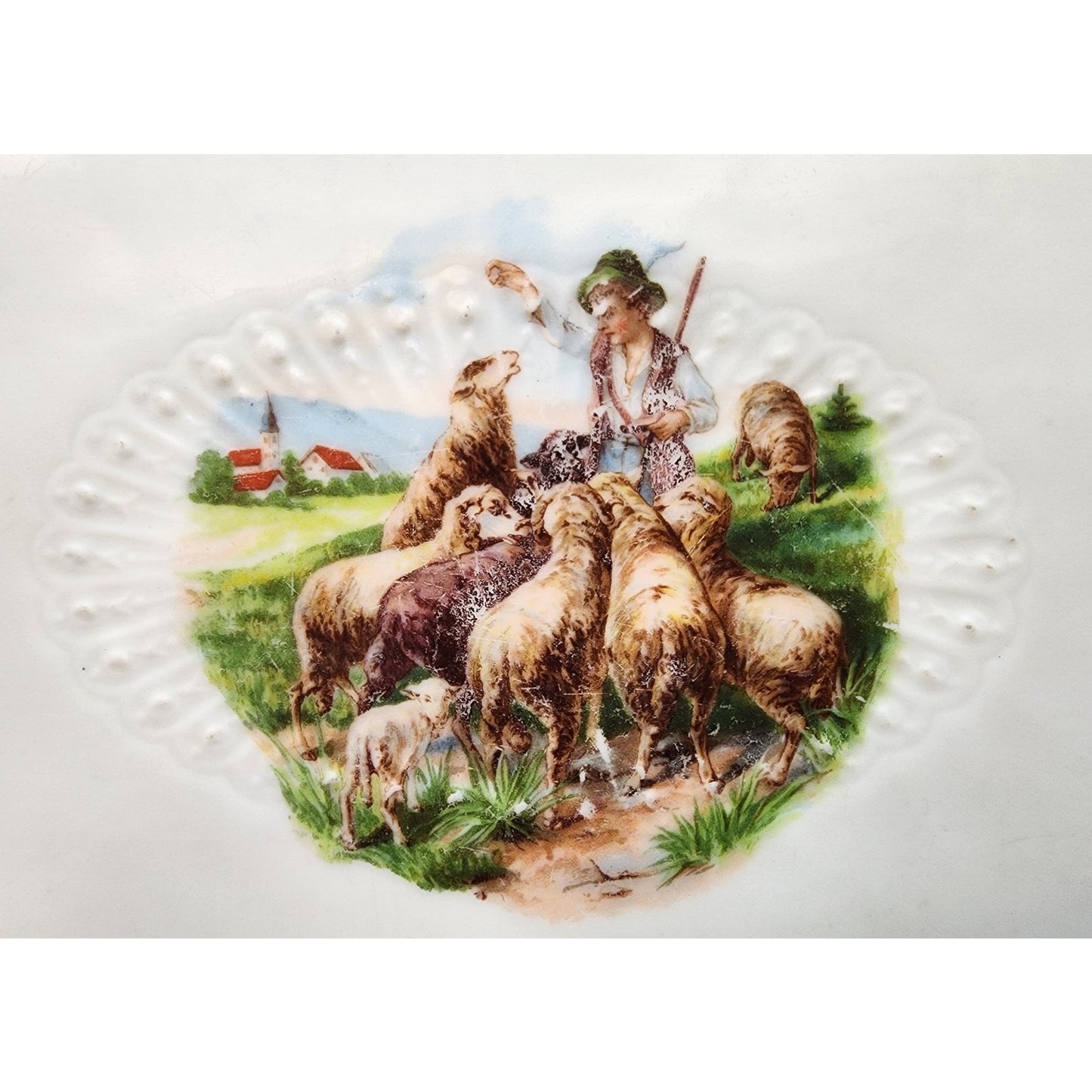 VTG Hand Painted Porcelain Tray Shepherd Boy w/ Sheep Roses Border Scalloped 9"