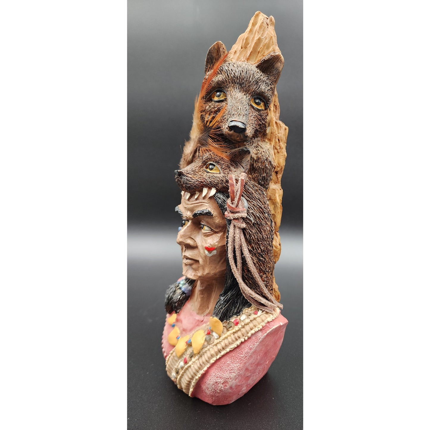 Native American Warrior Figurine w/ Wolf Fox Headdress Feathers Resin 10”