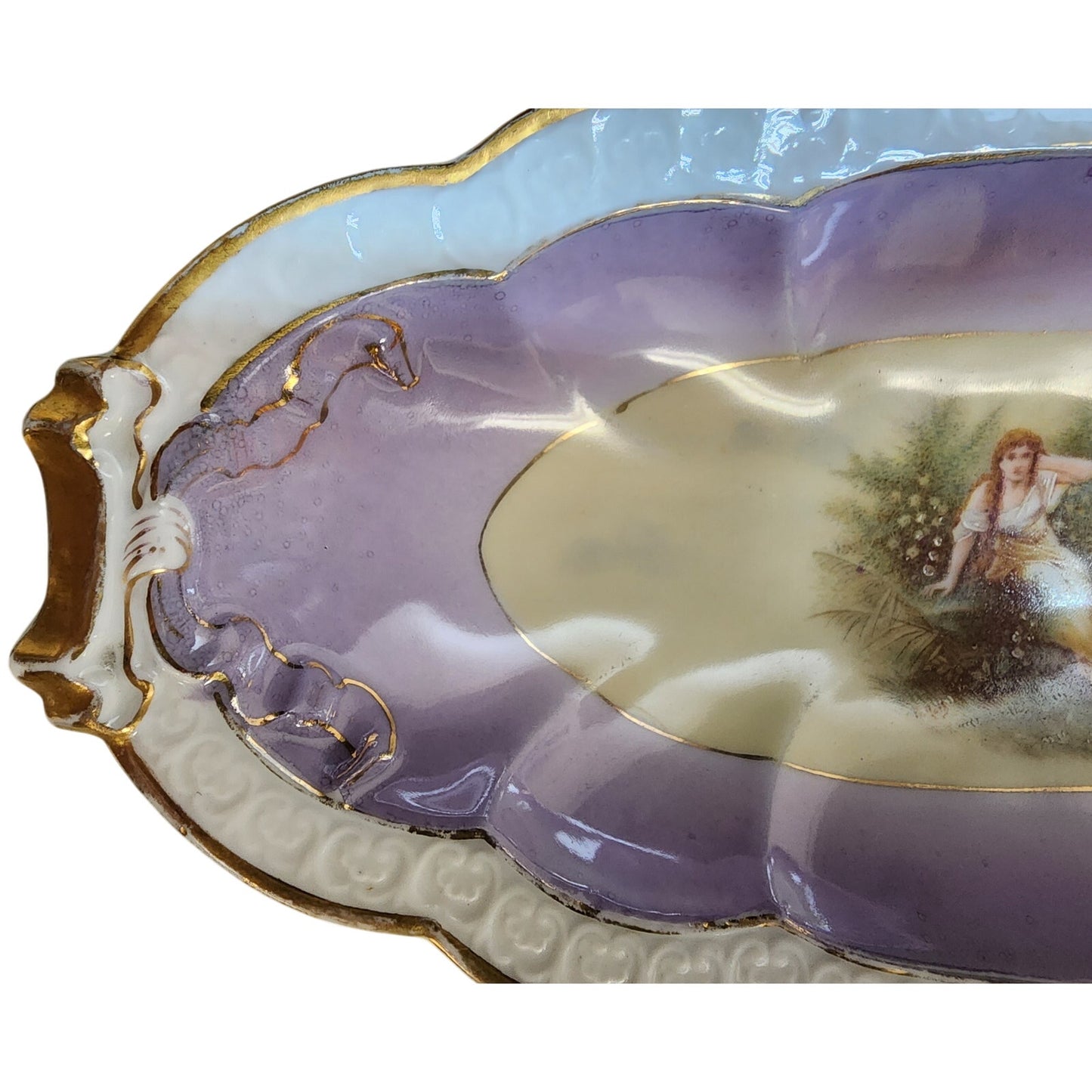 VTG R.C. Carmen Bavaria Oval Nut Tray  Lady Scene  Gold Rim Scalloped 9"