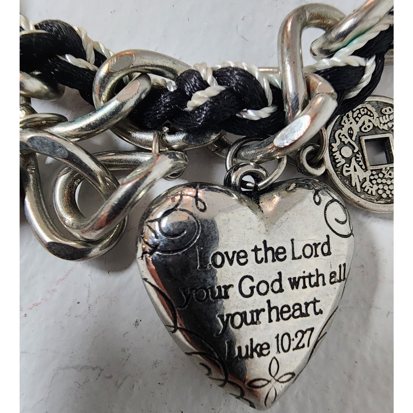 Vintage Charm Necklace w/ Heart Amulet Luke 10:27 & Cross – Unique Design