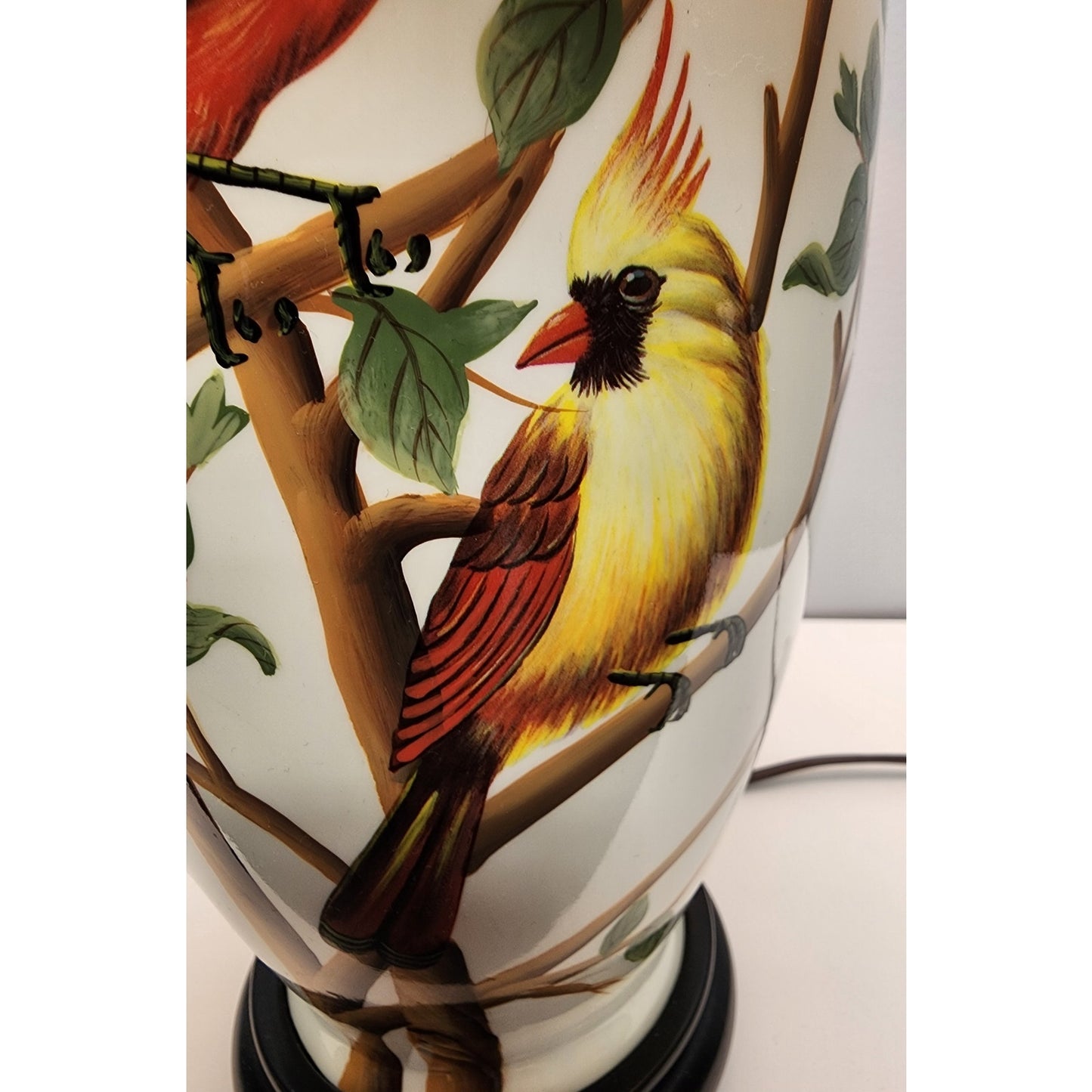 Vintage Ceramic Bird Lamp 24.5" – Cardinal & Goldfinch – Tree Finial, Wood Bas