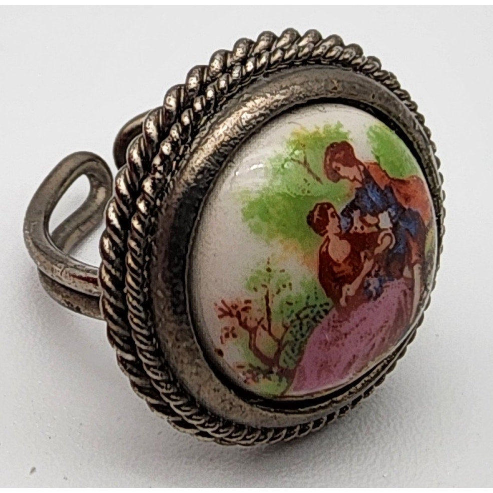 Vintage Italian Adjustable Ladies Ring Hand-Painted Scene Rope Border