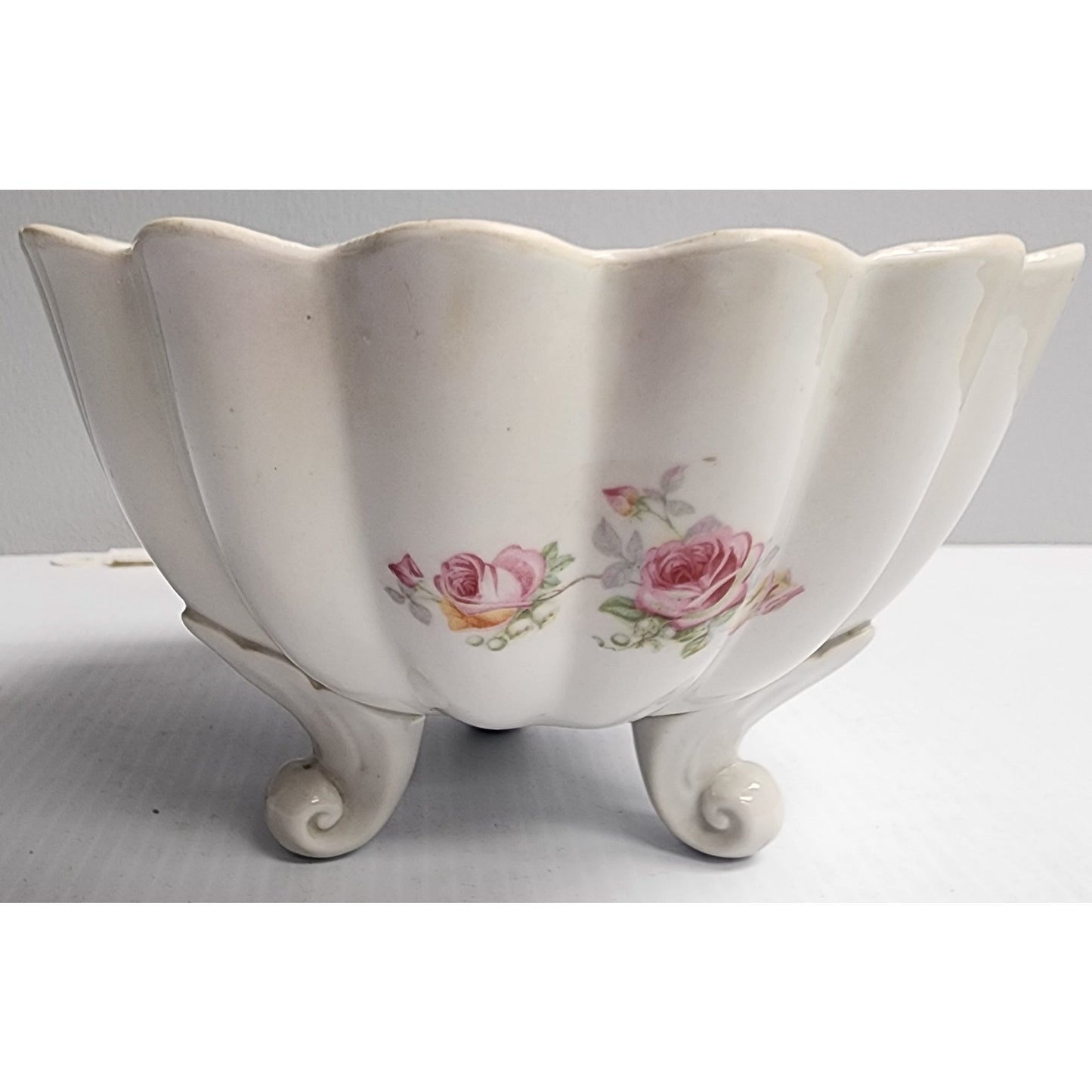 Antique German Hand Painted Porcelain Bowl Set 3pc Floral Scalloped Pedestal