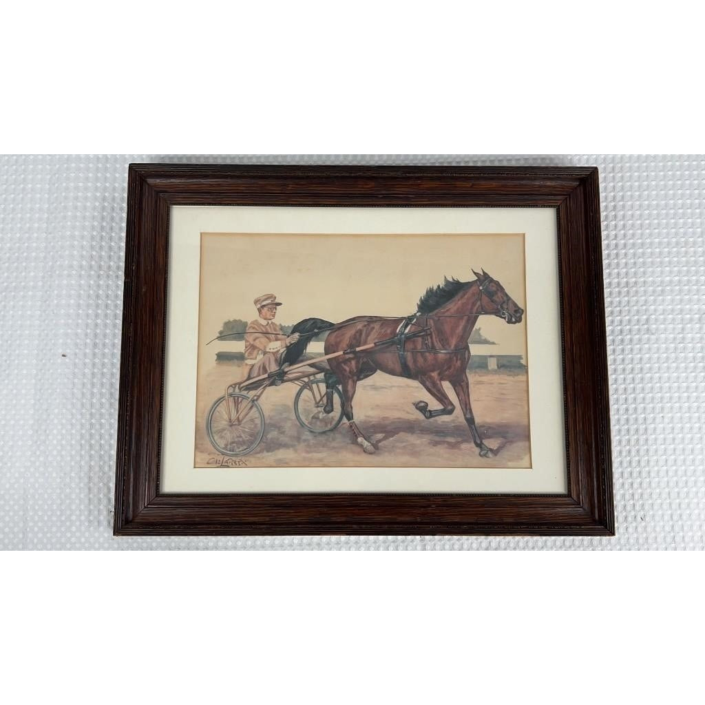 VTG Ole Larsen Original Watercolor Horse & Sulky Racing Scene, Signed & Framed