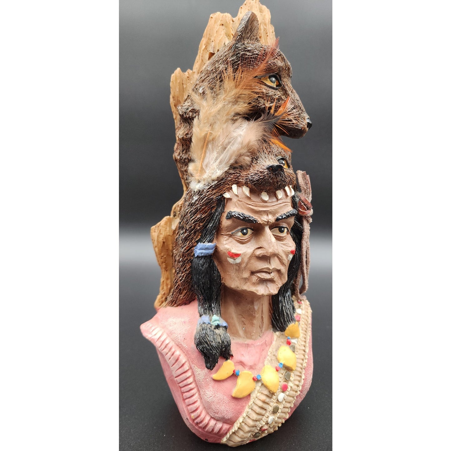 Native American Warrior Figurine w/ Wolf Fox Headdress Feathers Resin 10”