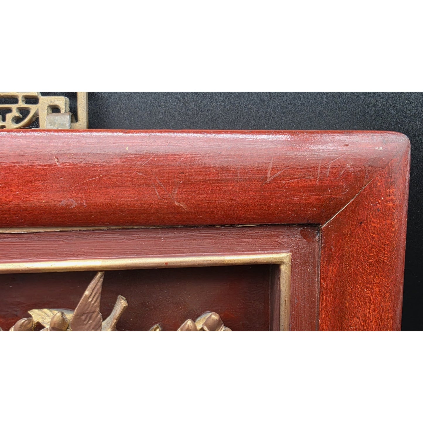 Vintage Chinese Carved Wood Panel & Header – Birds & Blossoms – Gold Detail - Rare