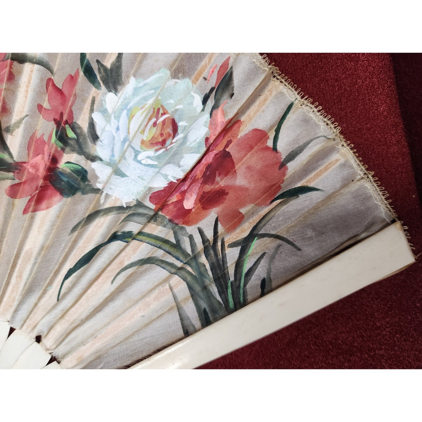 Vintage Japanese Hand Fan Framed 14.25 x 8, Bone Blades Shadowbox - Rare