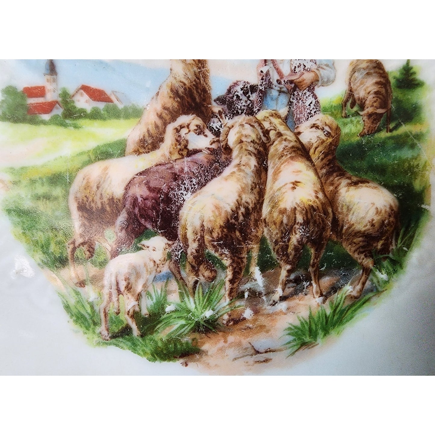VTG Hand Painted Porcelain Tray Shepherd Boy w/ Sheep Roses Border Scalloped 9"