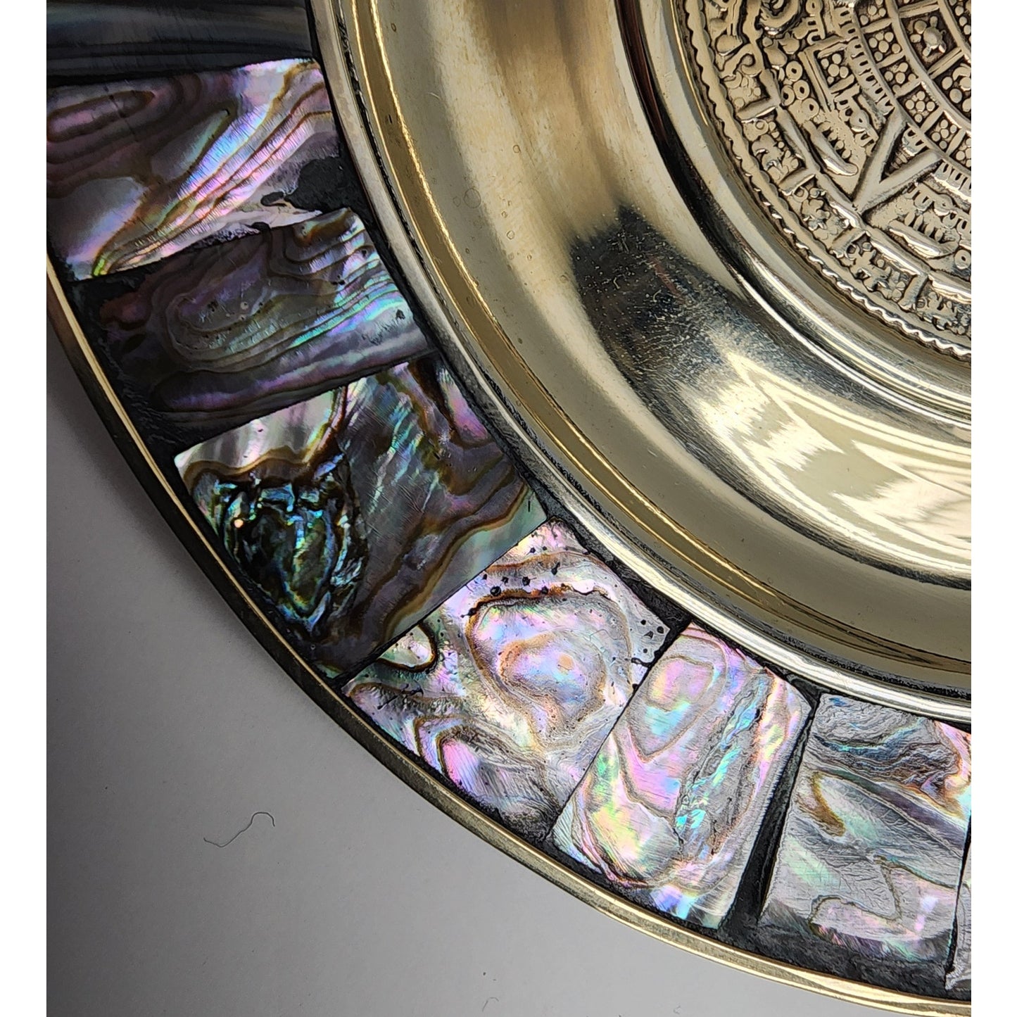 Vintage Mayan Calendar Plate – Alpaca Silver & Abalone Shell – Mexico Aztec Art