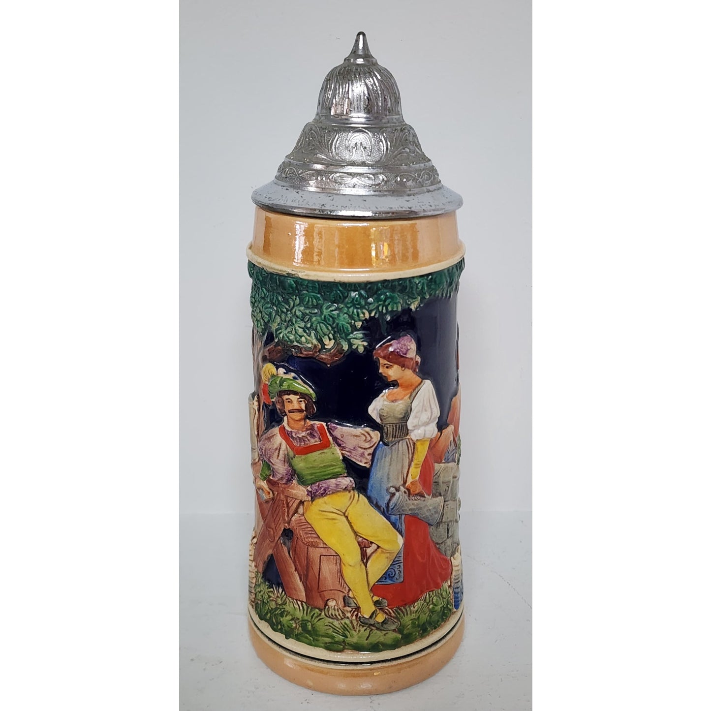 Vintage German Beer Stein Pewter Lid Hand Painted Relief 9.5" Heavy Ceramic