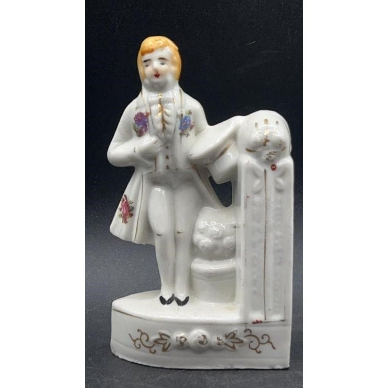VTG Japanese Porcelain Colonial Man & Woman Bookends Hand-painted; 22K Gold Accent 5.25"