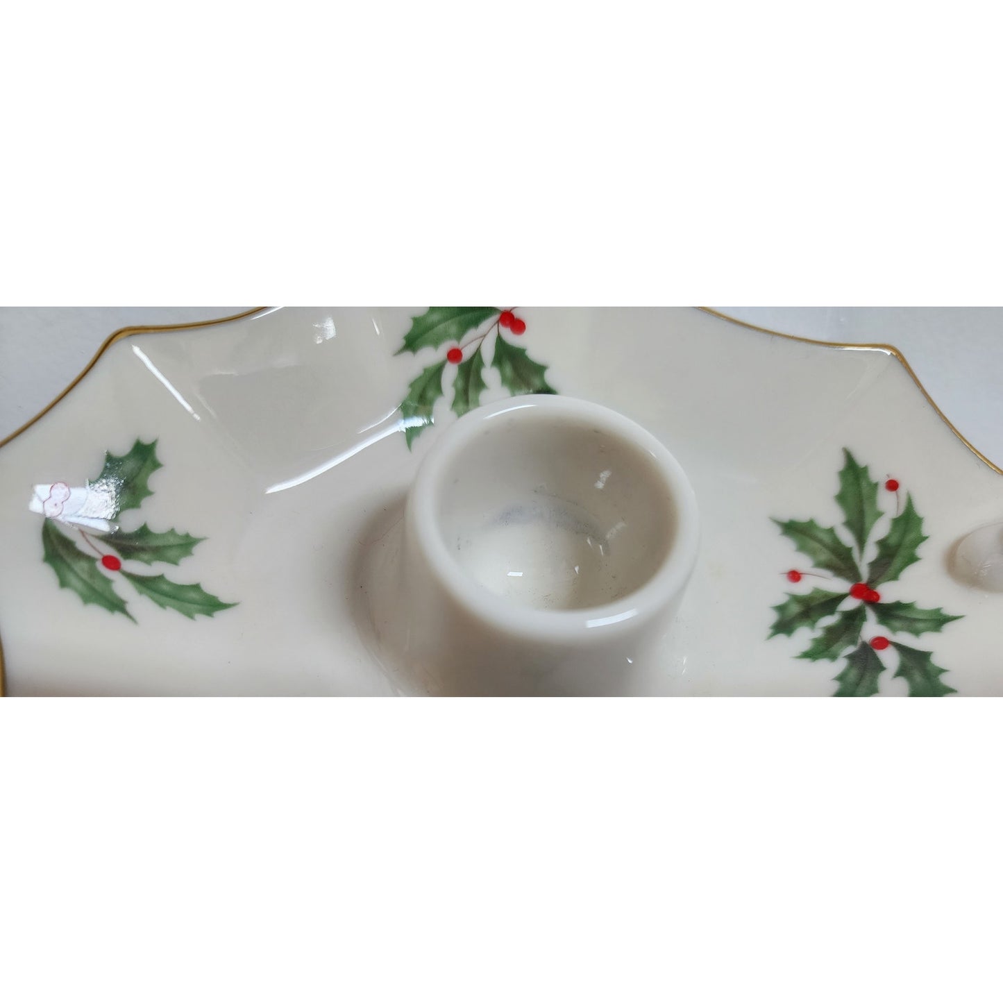 Lenox Holiday Candle Holder Ivory Porcelain 24K Gold Rim Holly Berry Design