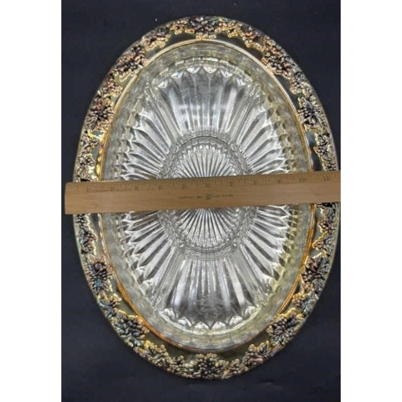 1980s Godinger Silver Plated Grape Oval Relish Tray w/ Glass Insert 16x12 VTG