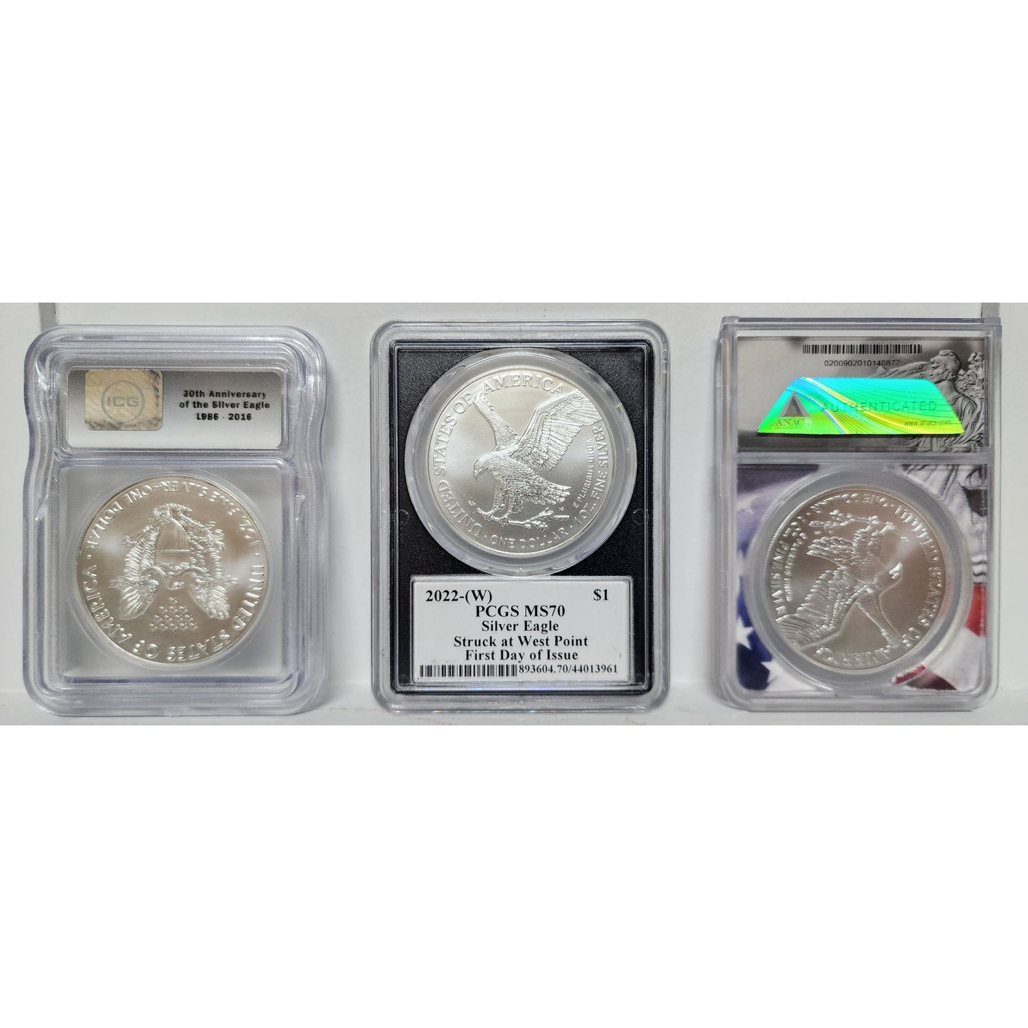 Perfect MS70 Silver Eagle 3‑Coin Set PCGS ICG ANACS FDOI FS Signed & Gift Boxed