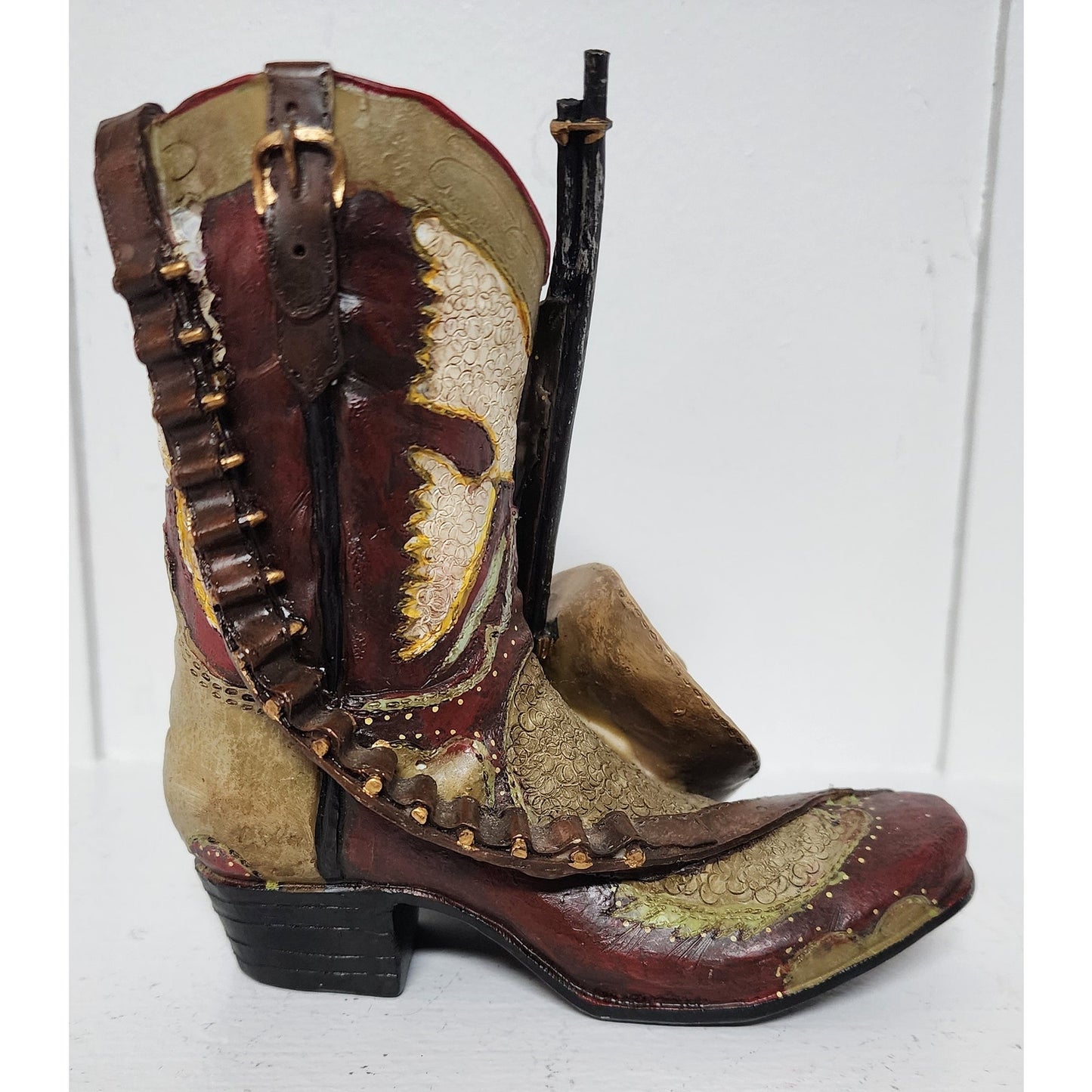 Vintage Handpainted Western Boot Figurine w/ Hat & Rifle Resin Hand Painted 5.5"