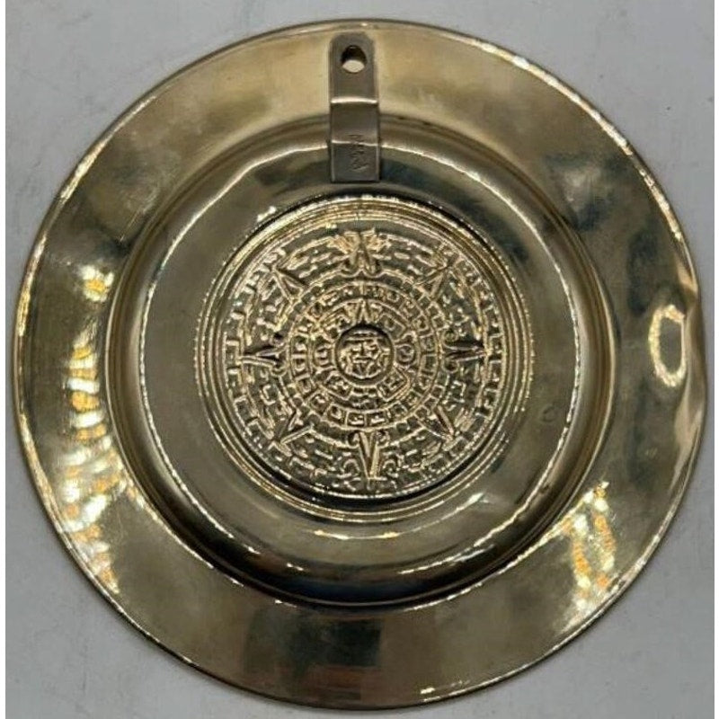 Vintage Mayan Calendar Plate – Alpaca Silver & Abalone Shell – Mexico Aztec Art