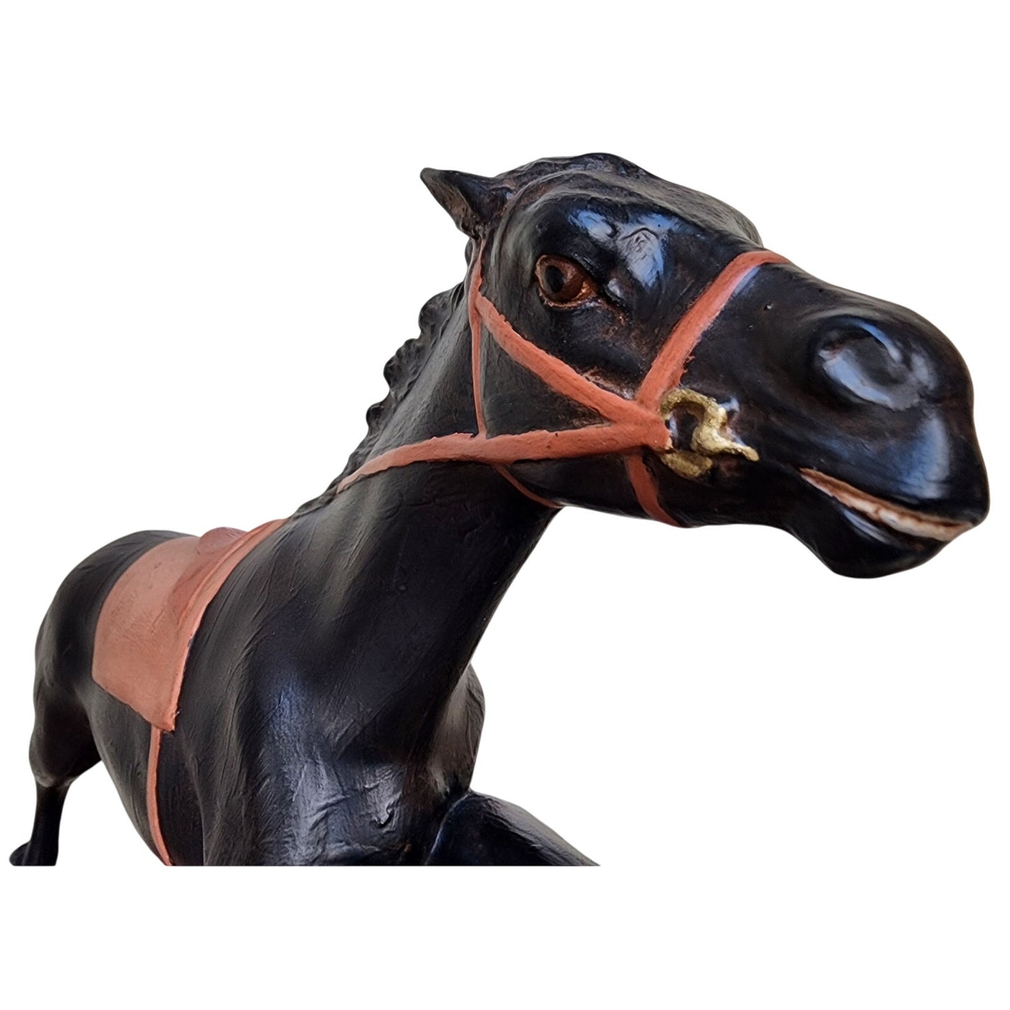 Hand Painted Ceramic Horse Figurine Running Action Black w/ Saddle 15.5”