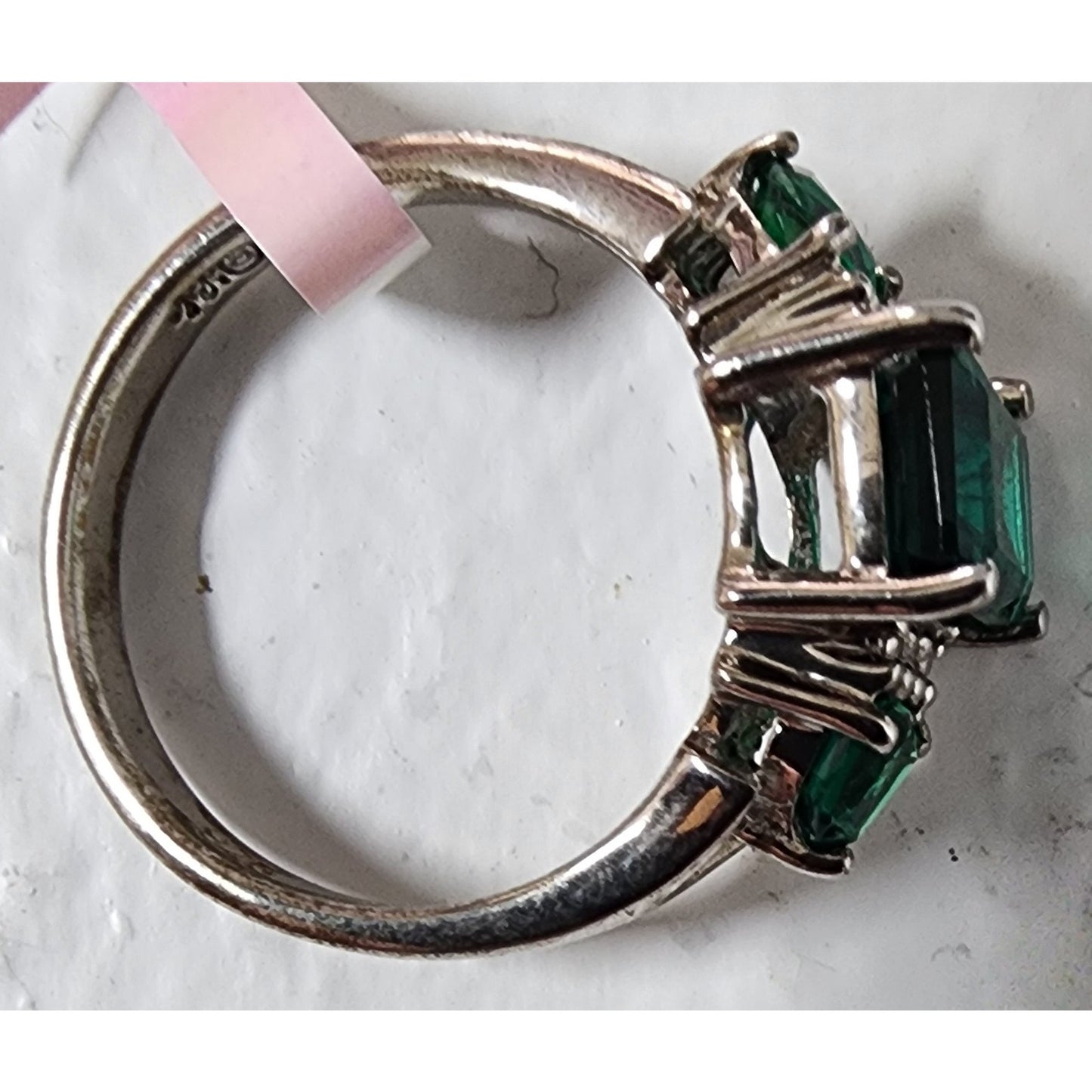 Vintage Sterling Silver Ring w/ Cr Emeralds & Mini Diamonds Size 7 w/ Box
