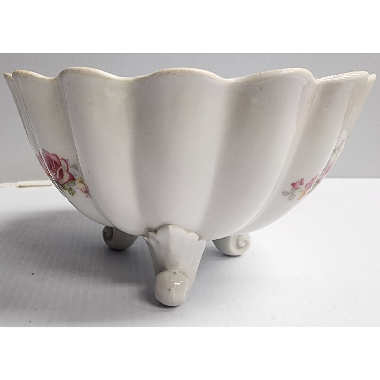 Antique German Hand Painted Porcelain Bowl Set 3pc Floral Scalloped Pedestal