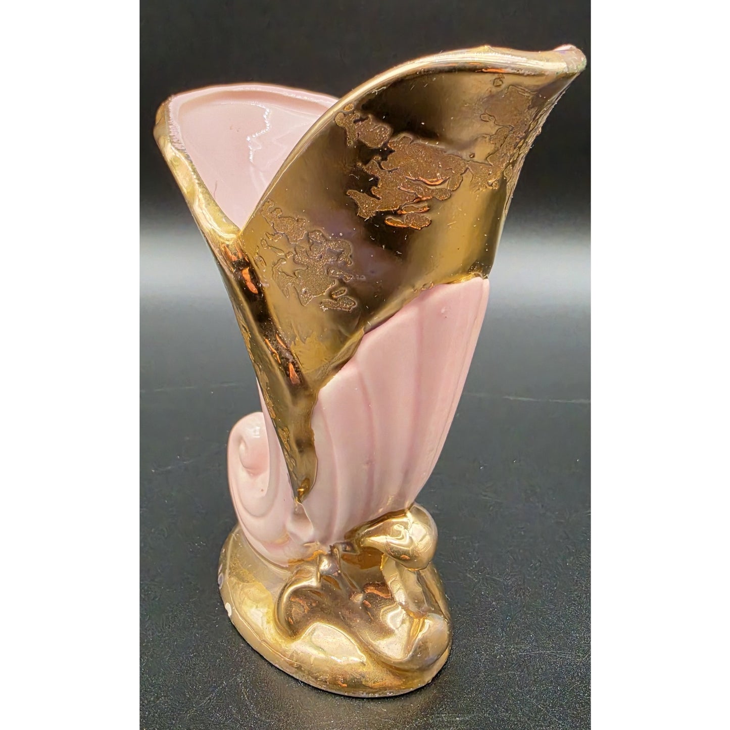VTG Savoy China Pink & 24K Gold Cornucopia Horn Vase 6.125" Porcelain